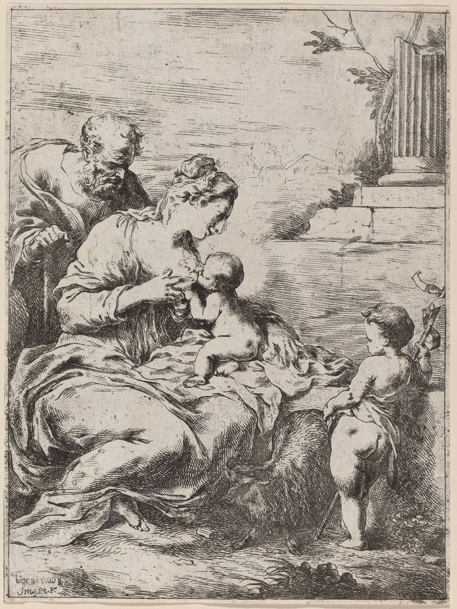 The Holy Family with Saint John by Bartolomeo Biscaino (Italian, 1632 - 1657), 16X12"(A3)Poster Print
