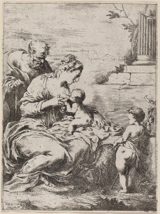 The Holy Family with Saint John by Bartolomeo Biscaino (Italian, 1632 - 1657), 16X12"(A3)Poster Print