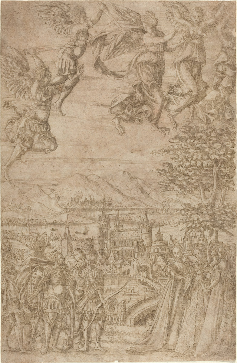 c. 1600 by French 17th Century (A King and His Retinue Confronting Ladies under a Celestial Battle), 16X12"(A3)Poster Print