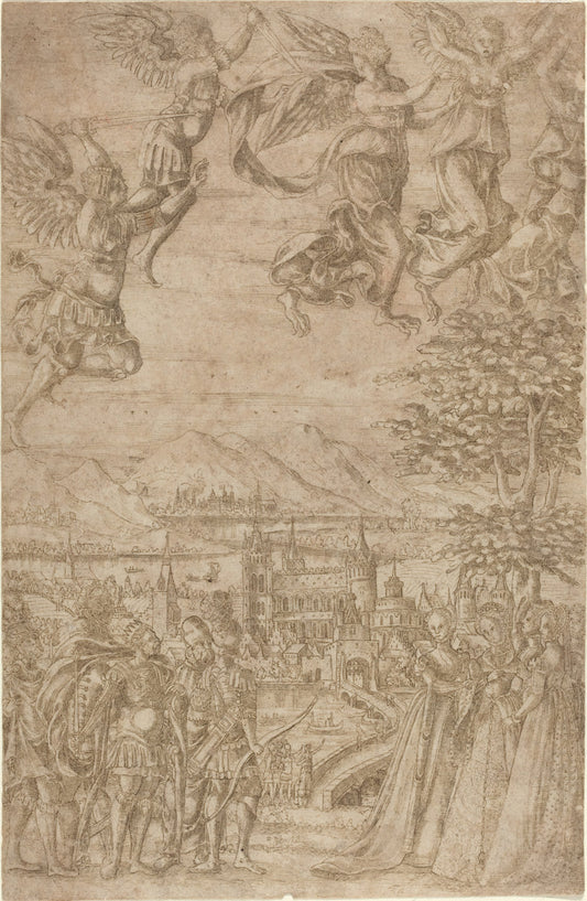 c. 1600 by French 17th Century (A King and His Retinue Confronting Ladies under a Celestial Battle), 16X12"(A3)Poster Print