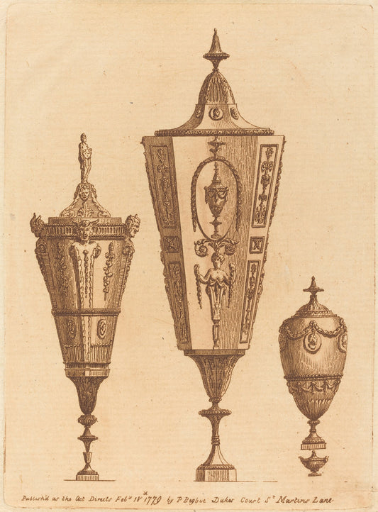 Three Classical Vases, One with Satyr Heads by Patrick Begbie (British, 18th century), 16X12"(A3)Poster Print