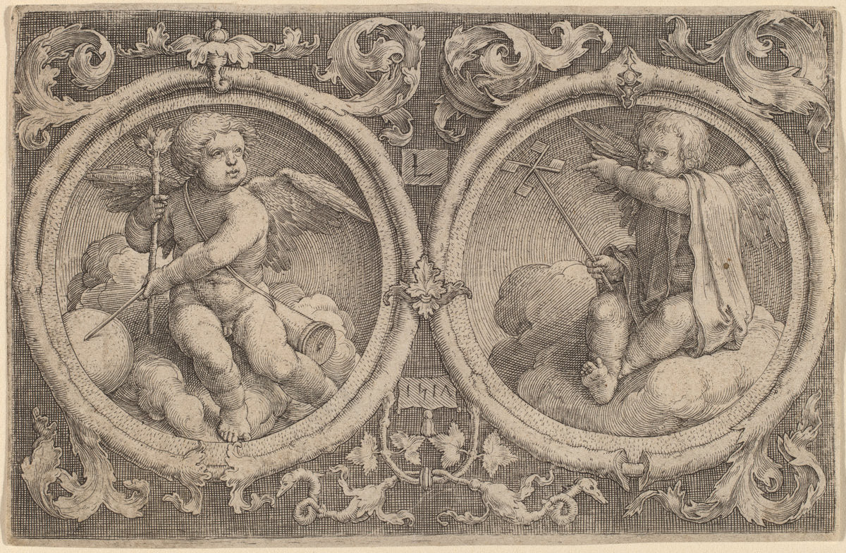 Two Cupids Seated on Clouds in Two Circles by Lucas van Leyden (Netherlandish, 1489/1494 - 1533), 16X12"(A3)Poster Print
