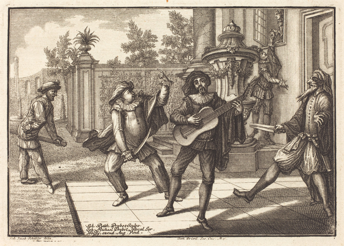 Scaramouche Distracts Pantalon by Johann Balthasar Probst after Johann Jacob Schübler (German, 1673 - 1750), 16X12"(A3)Poster Print