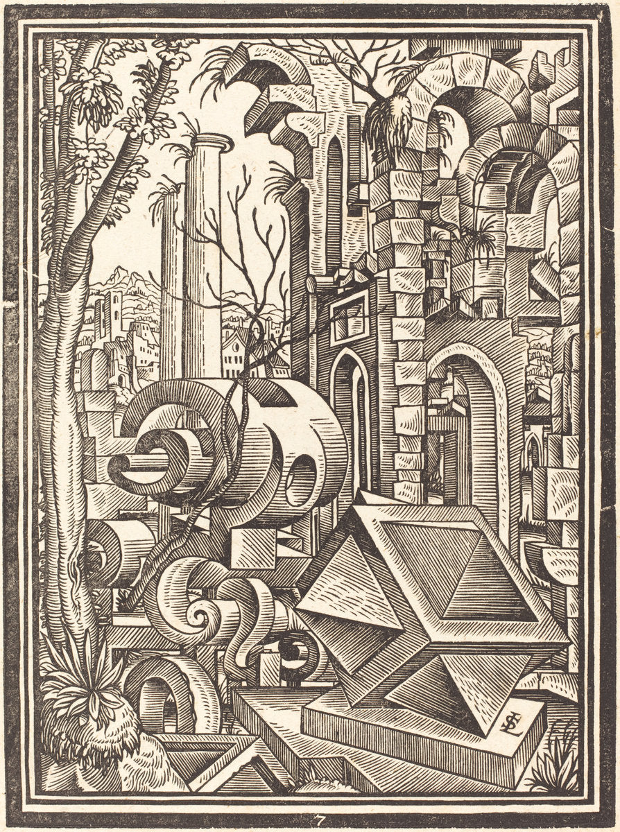 Fantasy of Perspectival Forms Set among Ruins by Lorenz Stör (German, c. 1530 - after 1621), 16X12"(A3)Poster Print