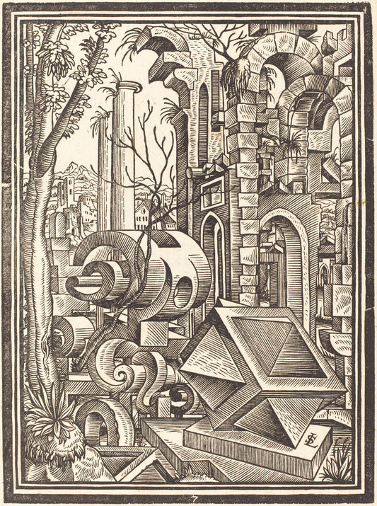 Fantasy of Perspectival Forms Set among Ruins by Lorenz Stör (German, c. 1530 - after 1621), 16X12"(A3)Poster Print