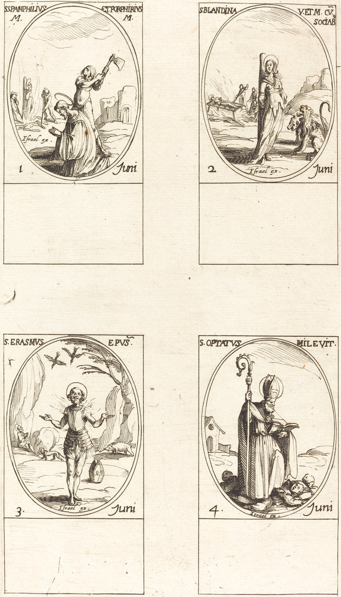 Sts. Pamphilius and Porphyrius; St. Blandina and Companions; St. Erasmus; St. Optatus by Jacques Callot (French, 1592 - 1635), 16X12"(A3)Poster Print