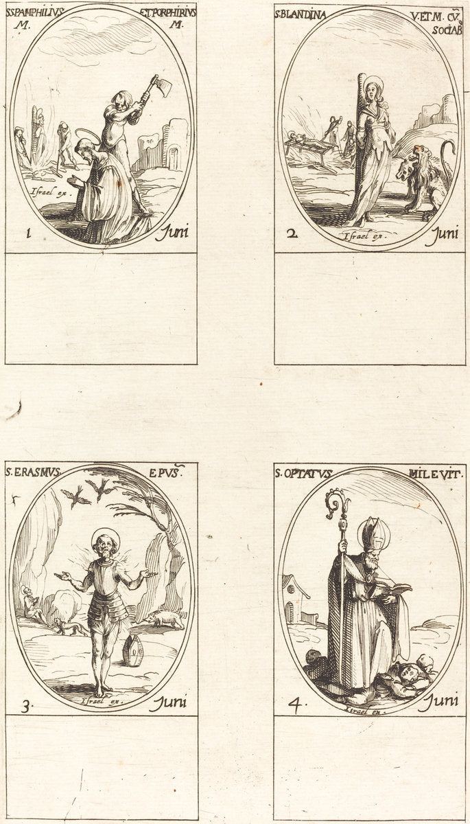 Sts. Pamphilius and Porphyrius; St. Blandina and Companions; St. Erasmus; St. Optatus by Jacques Callot (French, 1592 - 1635), 16X12