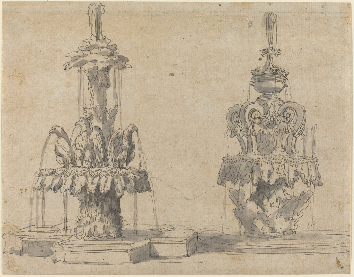 pen and gray ink with gray wash on laid paper by Italian 17th Century (Two Fountains), 16X12"(A3)Poster Print