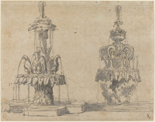 pen and gray ink with gray wash on laid paper by Italian 17th Century (Two Fountains), 16X12"(A3)Poster Print