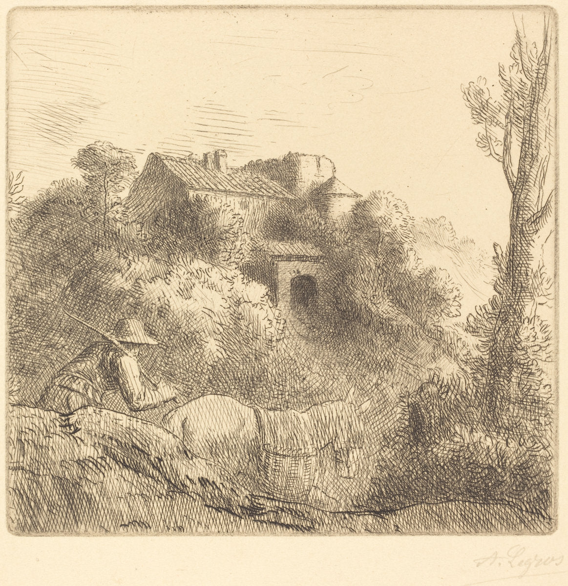 Farm on a Hill (La ferme sur la colline) by Alphonse Legros (French, 1837 - 1911), 16X12"(A3)Poster Print