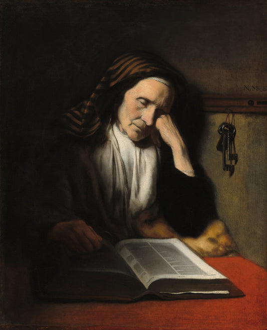 An Old Woman Dozing over a Book by Nicolaes Maes (Dutch, 1634 - 1693), 16X12"(A3)Poster Print