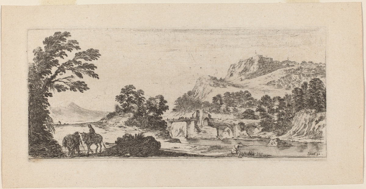 Landscape with Bridge by Stefano Della Bella (Italian, 1610 - 1664), 16X12"(A3)Poster Print