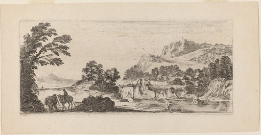 Landscape with Bridge by Stefano Della Bella (Italian, 1610 - 1664), 16X12"(A3)Poster Print