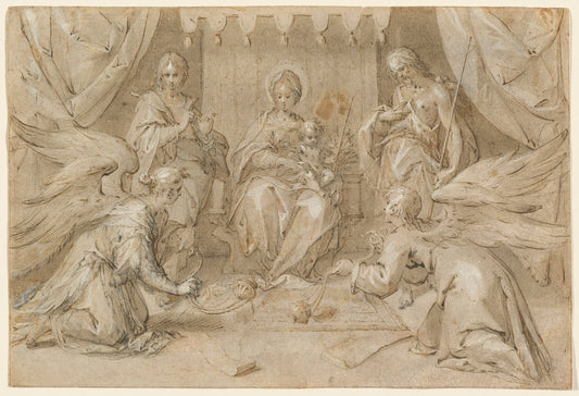 The Madonna Enthroned with Saint John the Baptist and Saint John the Evangelist by Hans von Aachen (German, 1552 - 1615), 16X12"(A3)Poster Print