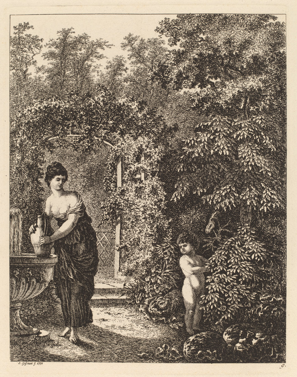 Putto Visiting a Girl at a Fountain by Salomon Gessner (Swiss, 1730 - 1788), 16X12"(A3)Poster Print