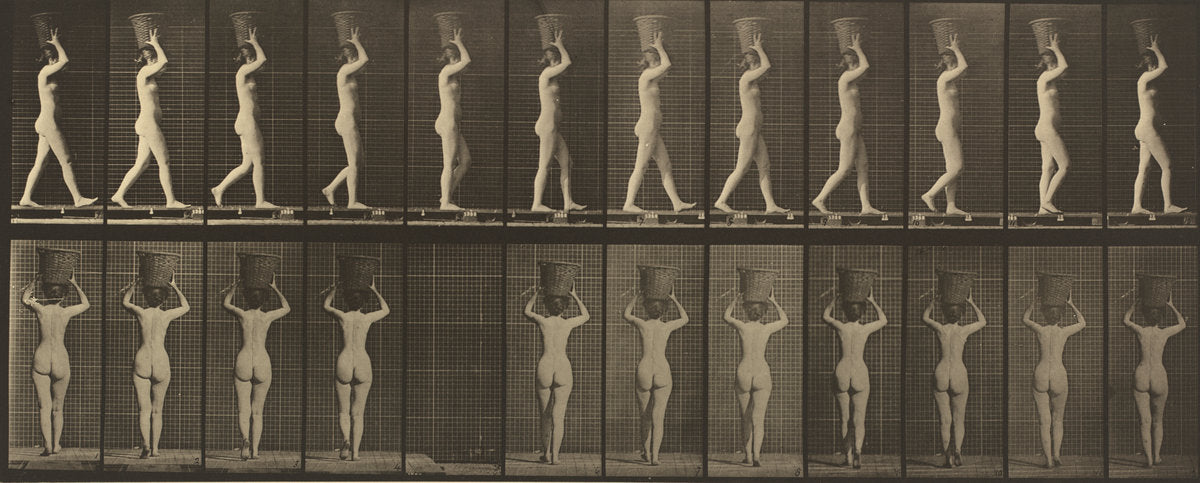 Walking and Carrying a 15-lb. Basket on Head, Hands Raised by Eadweard Muybridge (American, born England, 1830 - 1904), 16X12"(A3)Poster Print