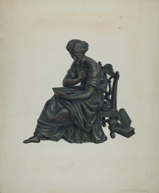 Statue Clock Decoration by Walter Hochstrasser (American, active c. 1935), 16X12"(A3)Poster Print