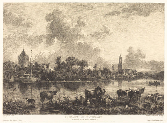 Animaux au Pâturage (Animals at Pasture) by Maxime Lalanne after Nicolaes Pietersz Berchem (French, 1827 - 1886), 16X12"(A3)Poster Print