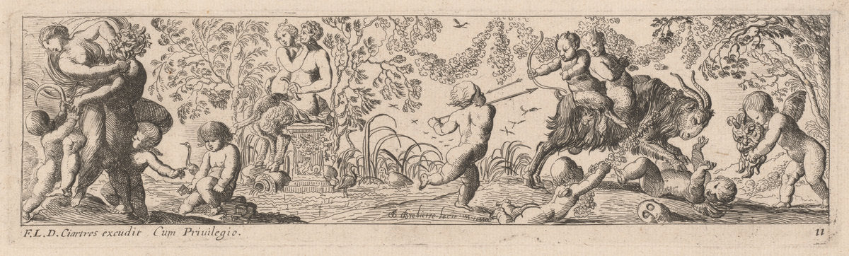Putti and Satyrs Shooting Arrows by Pierre Brebiette (French, 1598 - c. 1650), 16X12"(A3)Poster Print
