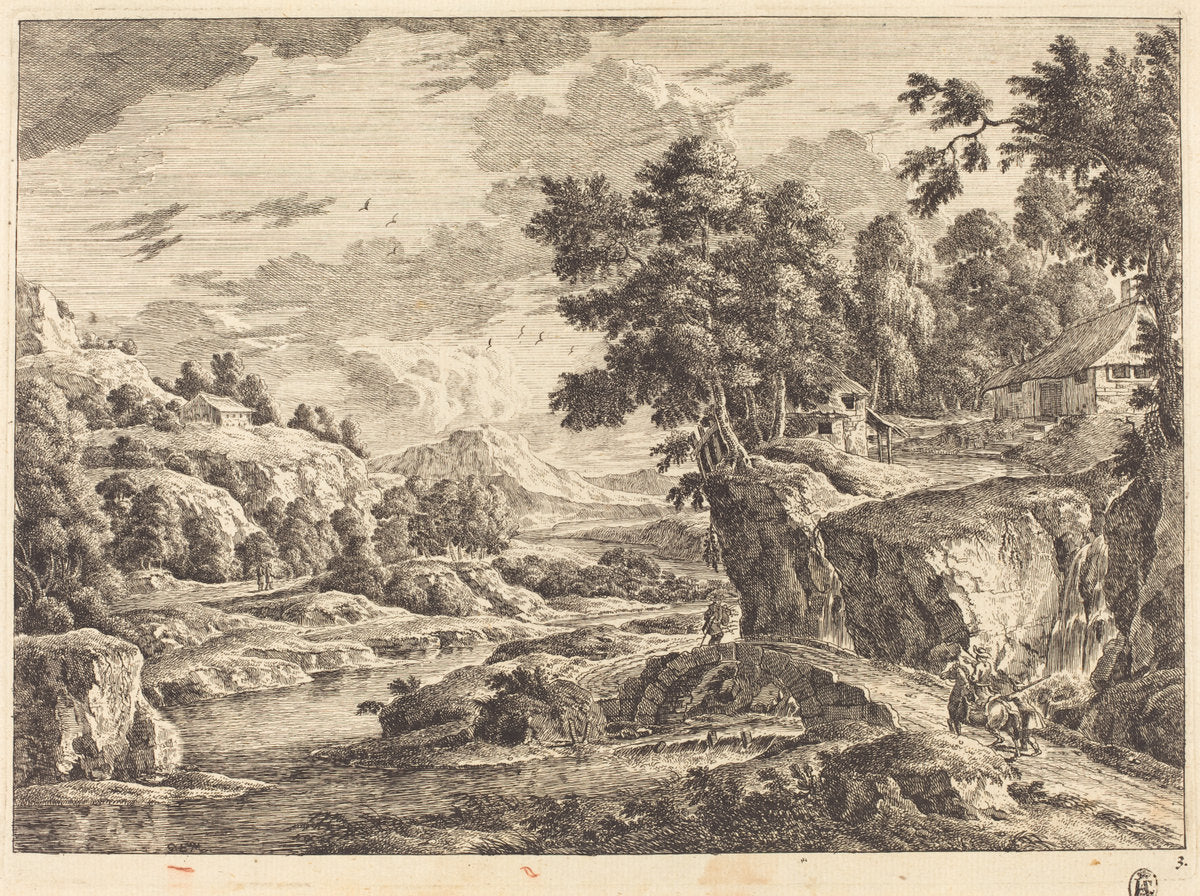 Landscape with a Bridge and Three Farm Buildings by Georg Eisenmann (German, active last third 18th century), 16X12"(A3)Poster Print