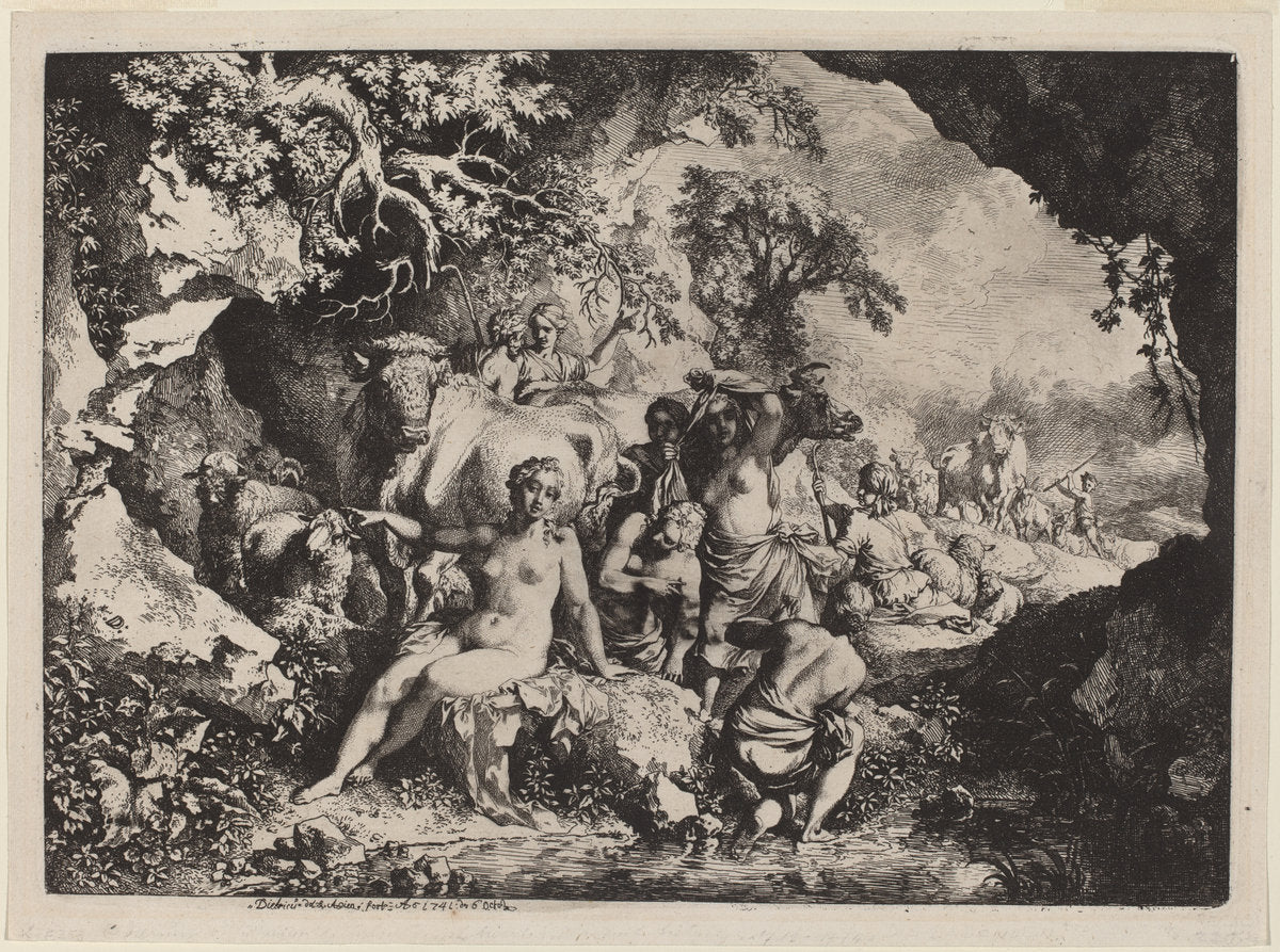 Nymphs Bathing in a Cave by Christian Wilhelm Ernst Dietrich (German, 1712 - 1774), 16X12"(A3)Poster Print