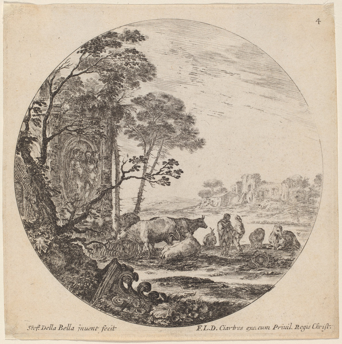 Landscape with Roman Ruins by Stefano Della Bella (Italian, 1610 - 1664), 16X12"(A3)Poster Print