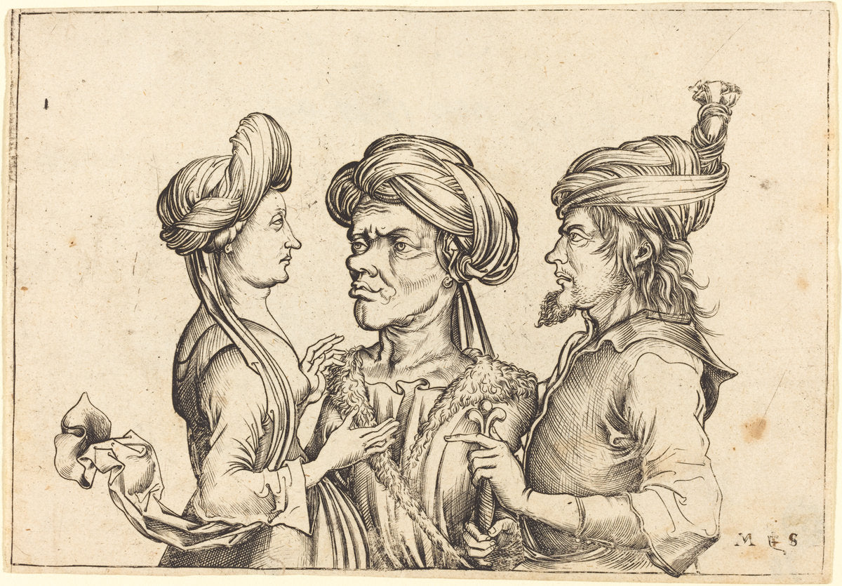 engraving by Follower of Martin Schongauer (Three Oriental Figures), 16X12"(A3)Poster Print