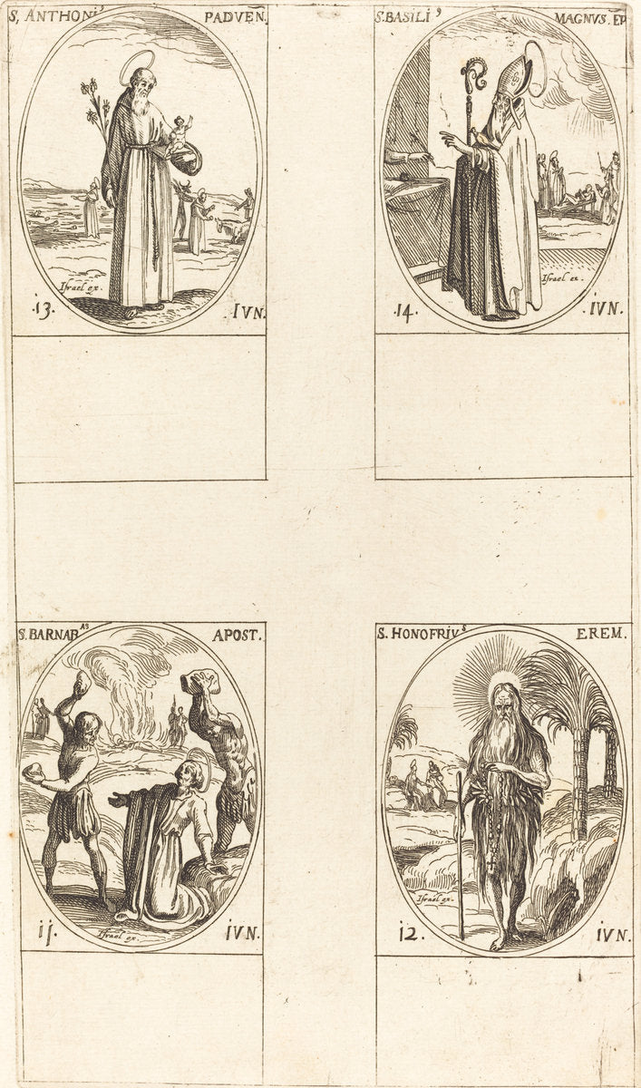St. Barnabas, Apostle; St. Honofrius; St. Anthony of Padua; St. Basil the Great by Jacques Callot (French, 1592 - 1635), 16X12"(A3)Poster Print