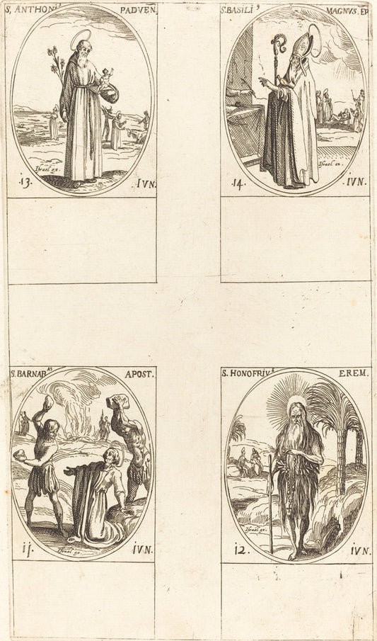 St. Barnabas, Apostle; St. Honofrius; St. Anthony of Padua; St. Basil the Great by Jacques Callot (French, 1592 - 1635), 16X12"(A3)Poster Print