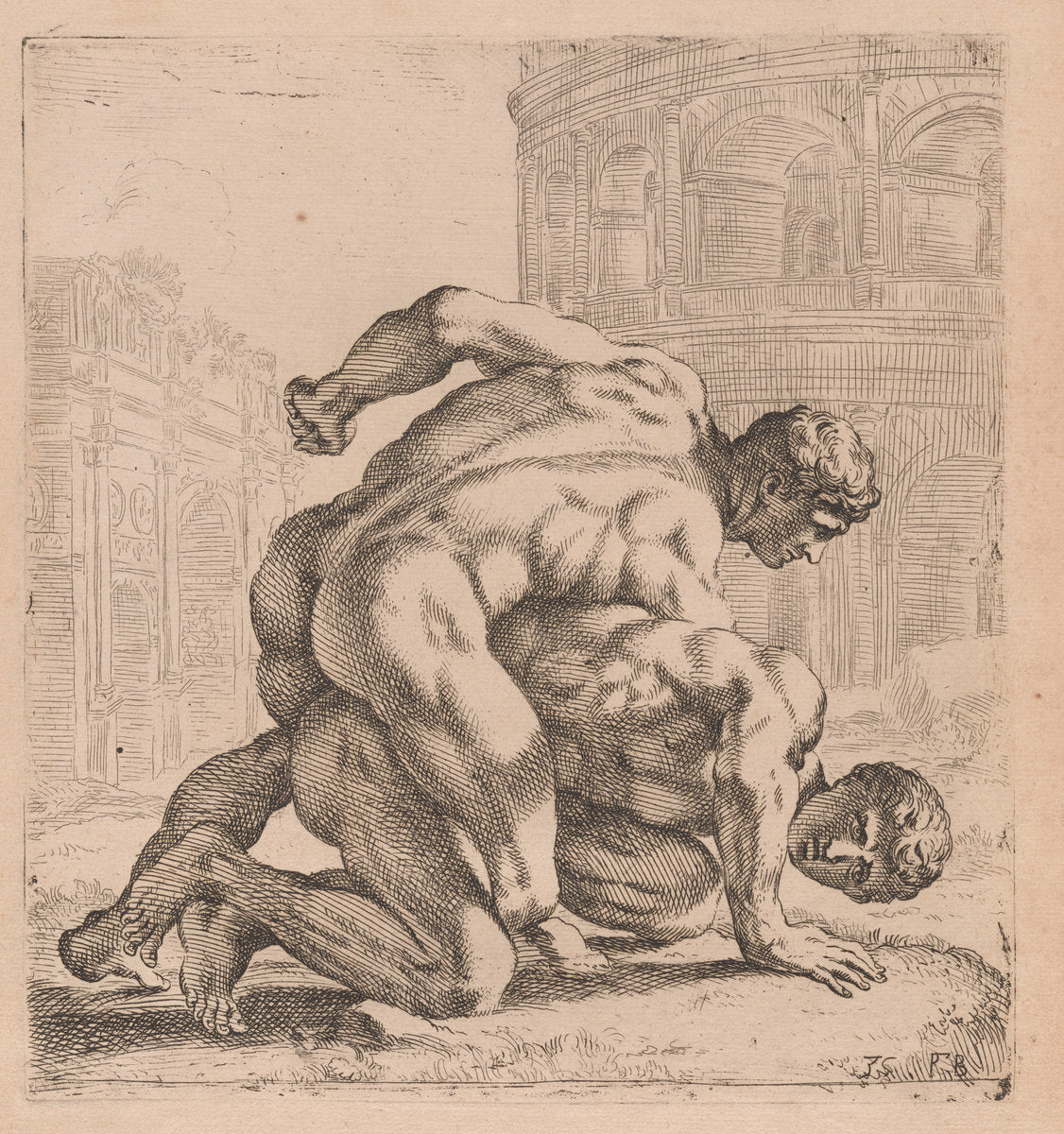 The Medici Wrestlers, side view, turned to right [plate 35] by François Perrier (French, 1594 - 1649), 16X12"(A3)Poster Print