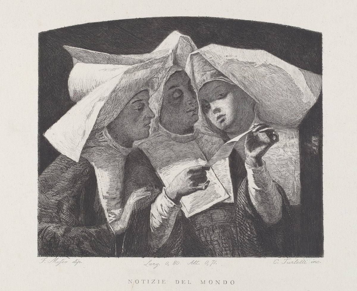 Notizie del mondo [News of the World] by Celestino Turletti, after Francesco Mosso (Italian, 1845 - 1904), 16X12"(A3)Poster Print