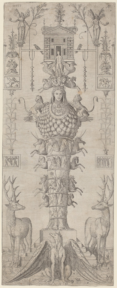 A Grotesque with Diana of Ephesus and Diverse Animals by Master AP (Italian, active mid 16th century), 16X12"(A3)Poster Print