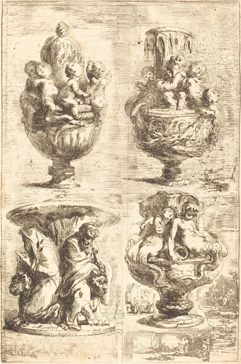 Four Vases (Les quatres vases) by Gabriel Jacques de Saint-Aubin (French, 1724 - 1780), 16X12"(A3)Poster Print