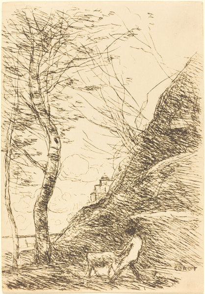Shepherd Struggling with a Goat (Berger luttant avec sa chevre) by Jean-Baptiste-Camille Corot (French, 1796 - 1875), 16X12"(A3)Poster Print