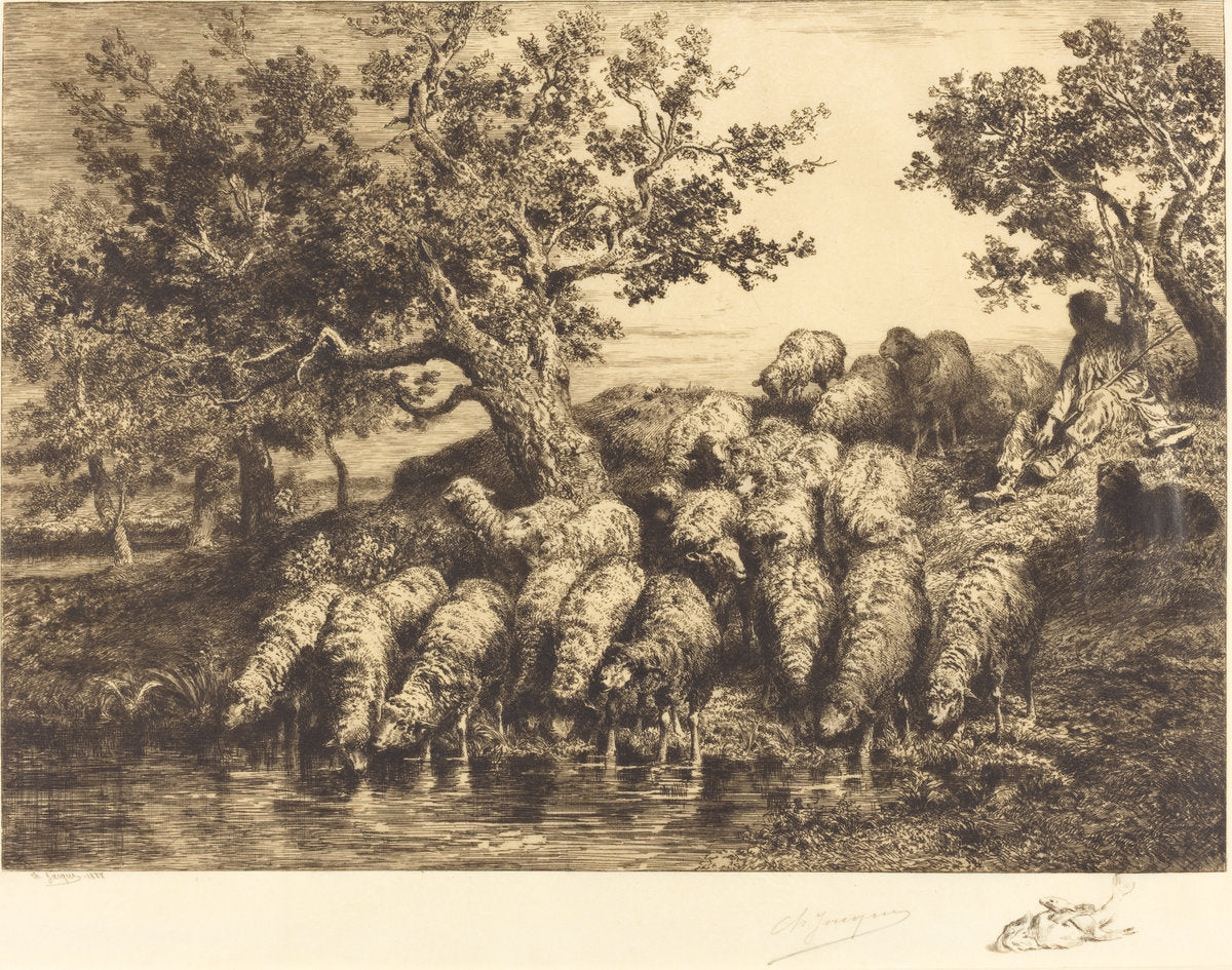 Sheep at the Watering Place (Abreuvoir aux moutons) by Charles Émile Jacque (French, 1813 - 1894), 16X12"(A3)Poster Print
