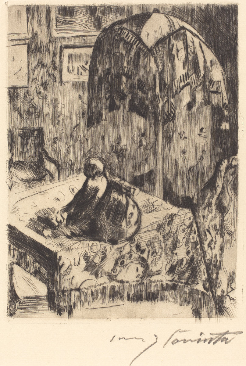 Interior with Floor Lamp (Interieur mit Stehlampe) by Lovis Corinth (German, 1858 - 1925), 16X12"(A3)Poster Print