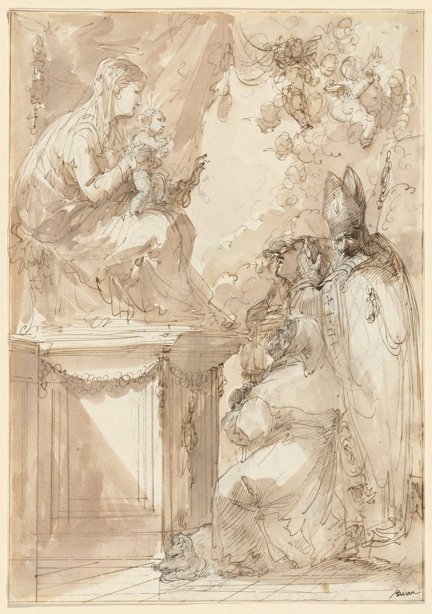 The Virgin and Child Enthroned, Adored by Saints by Giuseppe Bernardino Bison (Venetian, 1762 - 1844), 16X12"(A3)Poster Print