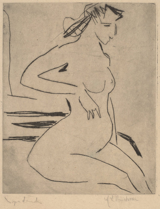Female Nude Seated by Ernst Ludwig Kirchner (German, 1880 - 1938), 16X12"(A3)Poster Print