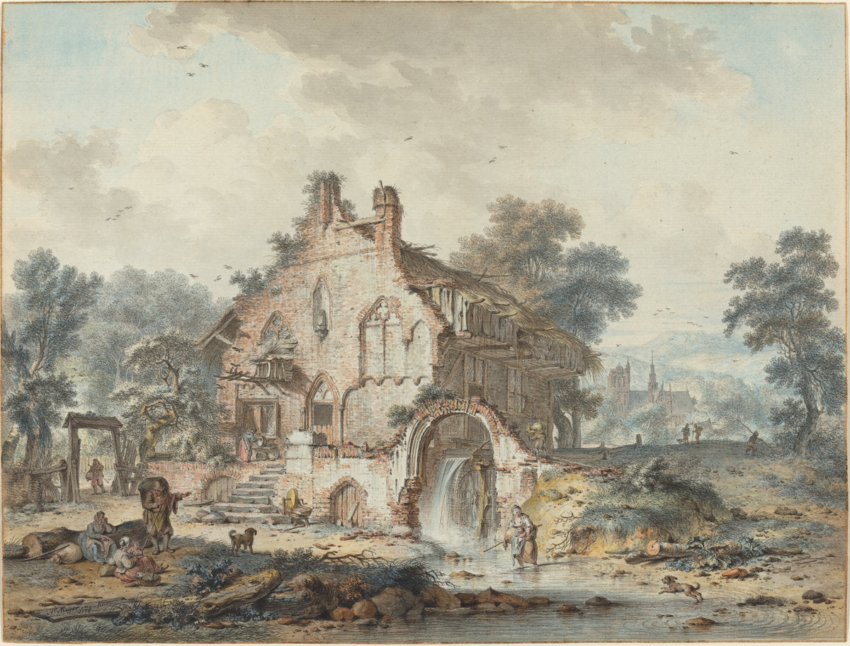 Rustic Watermill in a Gothic Ruin by Hendrik de Meyer II (Netherlandish, 1744 - 1793), 16X12"(A3)Poster Print