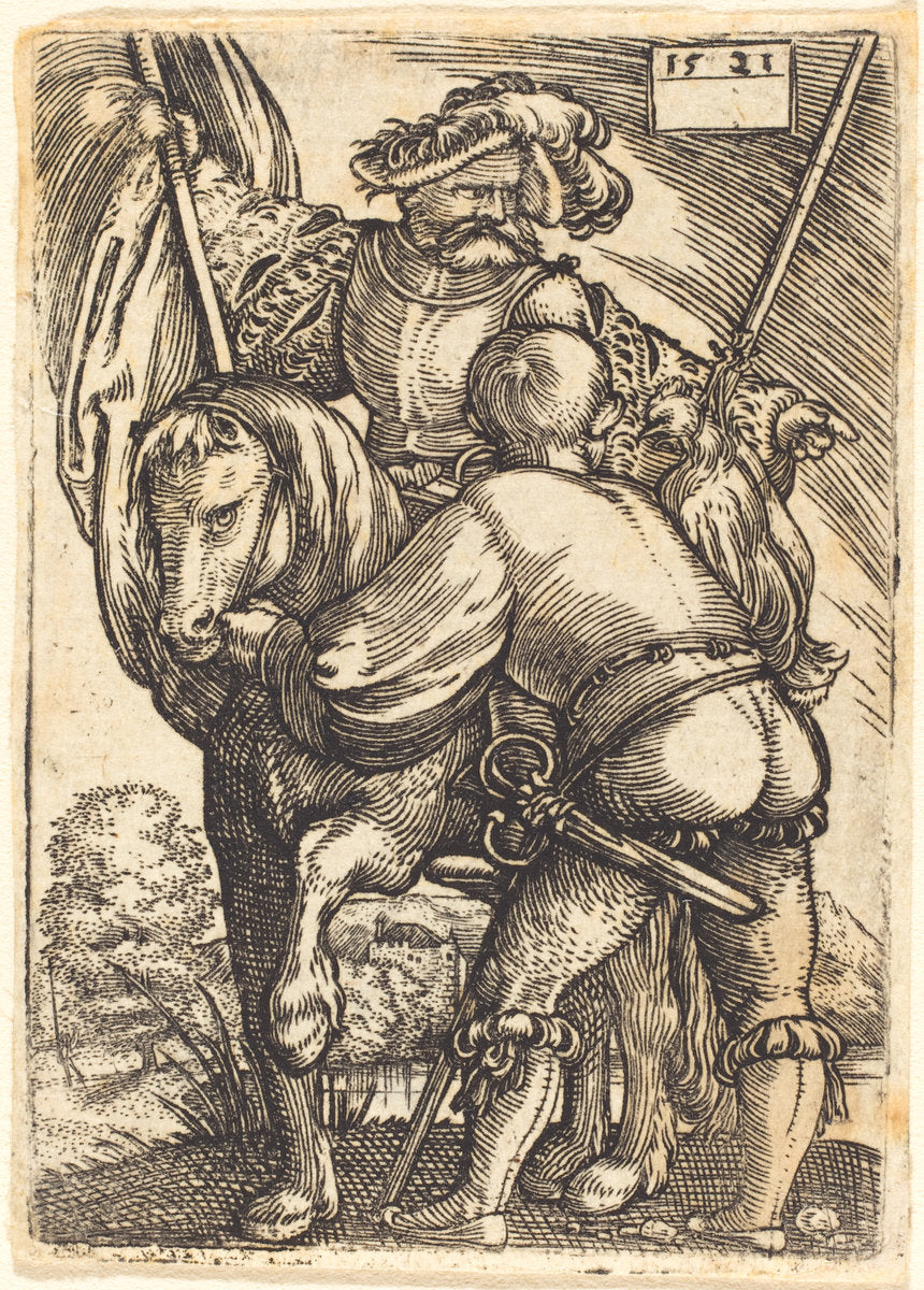 Riding Standard Bearer and Foot-Soldier by Barthel Beham (German, 1502 - 1540), 16X12"(A3)Poster Print