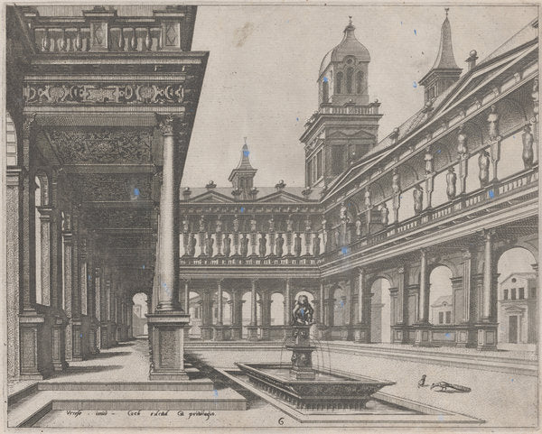 Palace Courtyard with Fountain in a Rectangular Basin by Lucas van Doetechum and Johannes van Doetechum, the Elder, after Hans Vredeman de Vries (Dutch, active 1554/1572; died before 1589), 16X12"(A3)Poster Print
