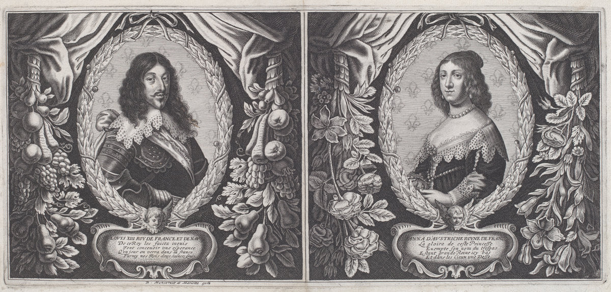 Louis XIII and Anna d'Austriche by Balthazar Moncornet and Pierre Mariette I (French, c. 1600 - 1668), 16X12"(A3)Poster Print