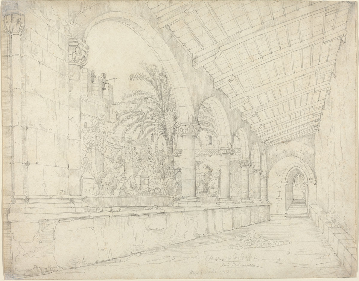 The Cloister of Santa Maria di Gesù at Palermo by Anton Hallmann (German, 1812 - 1845), 16X12"(A3)Poster Print