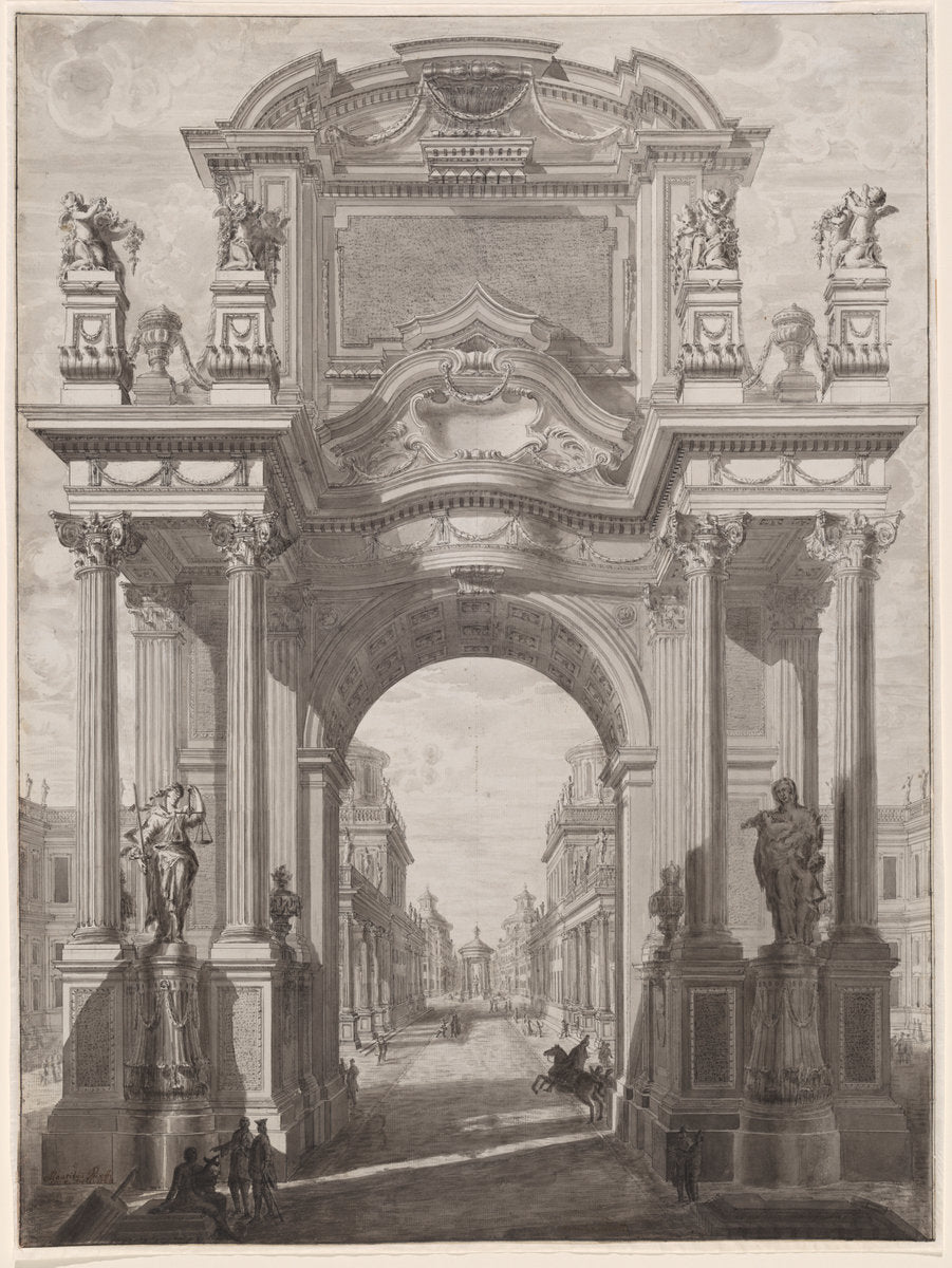 An Architectural Capriccio with a Triumphal Arch by Maurizio Pedetti (Italian, 1719 - 1799), 16X12"(A3)Poster Print