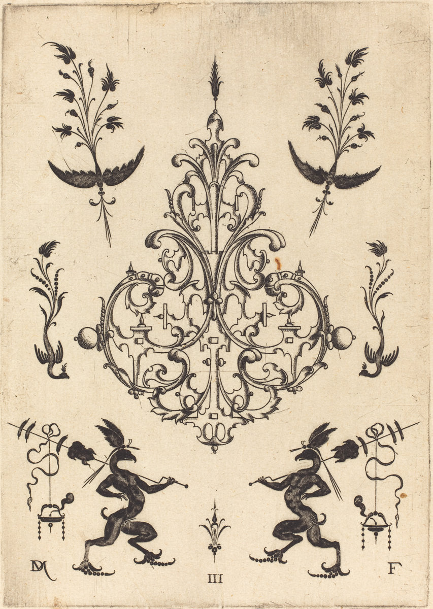 Brooch with Sprigs at Top and Griffins with Trophies at Bottom by Daniel Mignot (German, active 1593/1596), 16X12"(A3)Poster Print