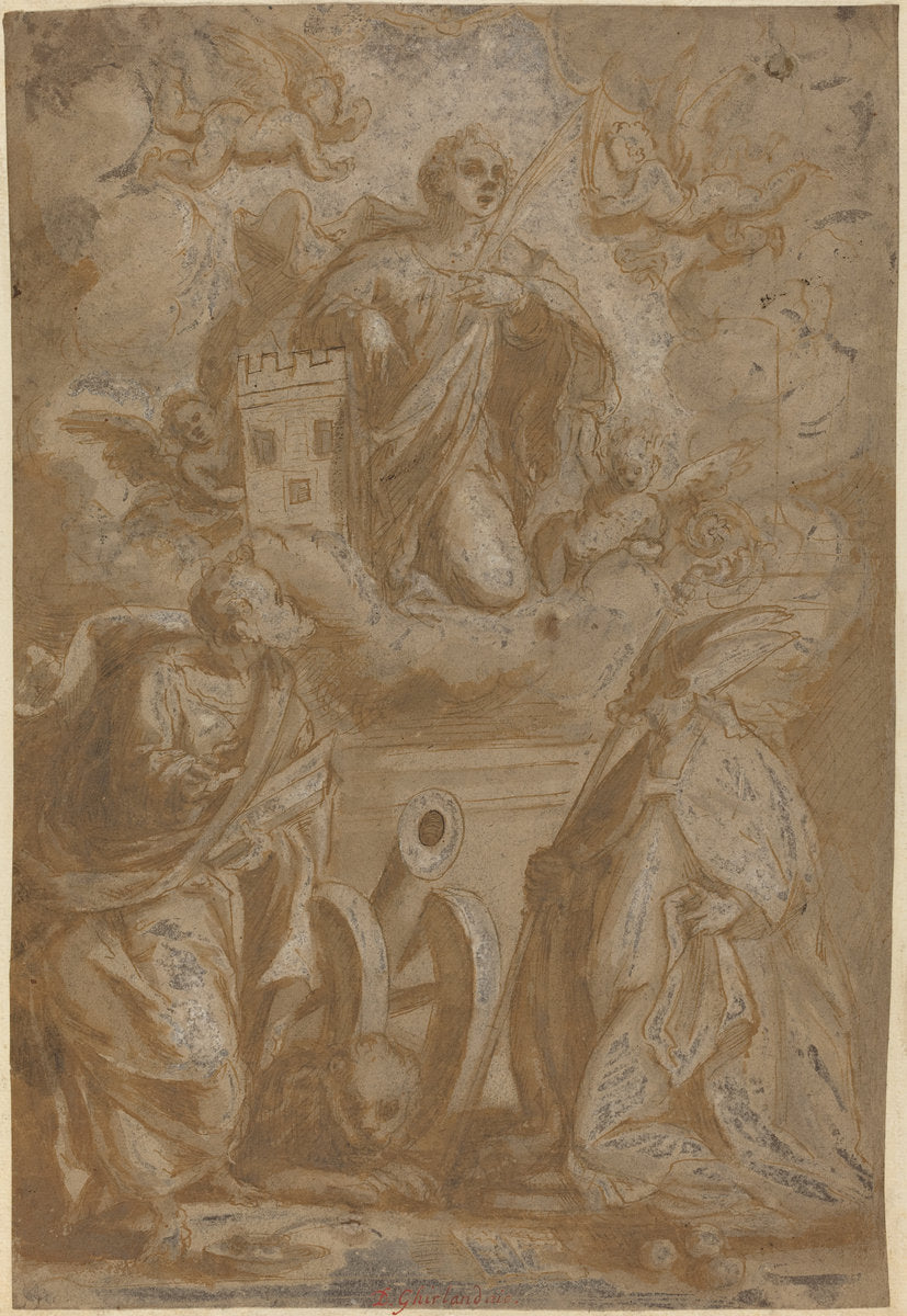 second half 16th century by Italian 16th Century (Saint Barbara in Glory with Saints Nicholas and Jerome), 16X12"(A3)Poster Print