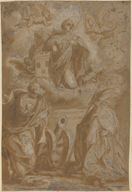 second half 16th century by Italian 16th Century (Saint Barbara in Glory with Saints Nicholas and Jerome), 16X12"(A3)Poster Print