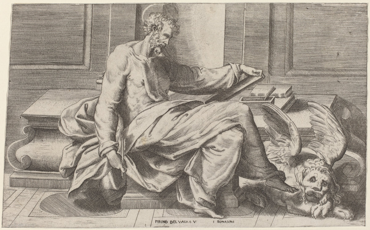 Saint Mark Writing His Gospels by Giulio Bonasone after Perino del Vaga (Italian, c. 1498 - c. 1580), 16X12"(A3)Poster Print