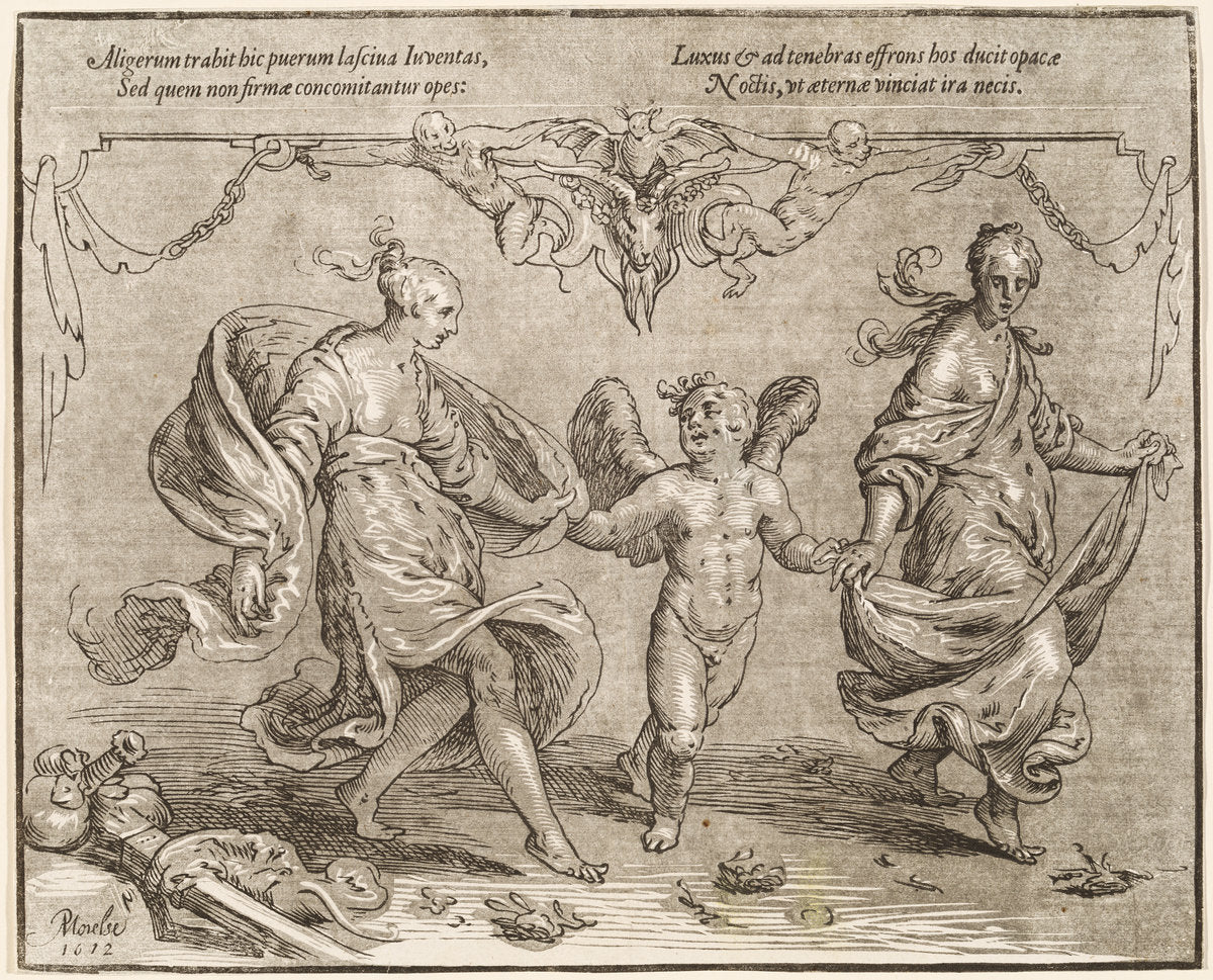 Cupid Dancing with Two Allegorical Women by Paulus Moreelse (Dutch, 1571 - 1638), 16X12"(A3)Poster Print