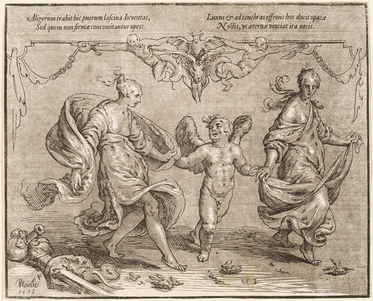 Cupid Dancing with Two Allegorical Women by Paulus Moreelse (Dutch, 1571 - 1638), 16X12"(A3)Poster Print